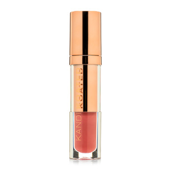 A closed clear and rose gold tube of Lacquer Lip Cream in “Girl Talk”, a warm dark pink with coral tones. The tube has Kandi Koated written up the side in rose gold letters and a rose gold cap.